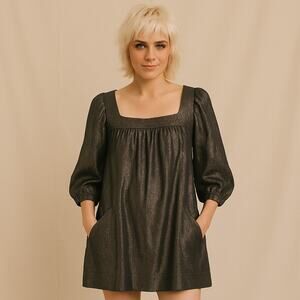 Betsey Johnson Vintage Metallic Silk Babydoll Puff Sleeve Dress Sz 8 Made in USA